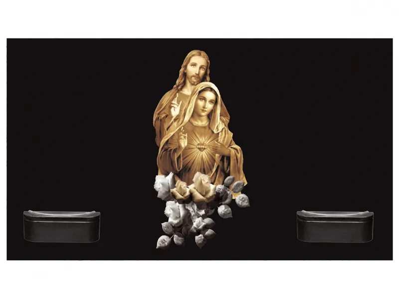 Lápida de nicho doble Ref. K12 en granito Negro Intenso con Corazón de Jesús y Corazón de María